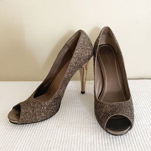 Nine West Brown Bronze Sparkle High Heeled Peep Toe Stiletto Pumps
